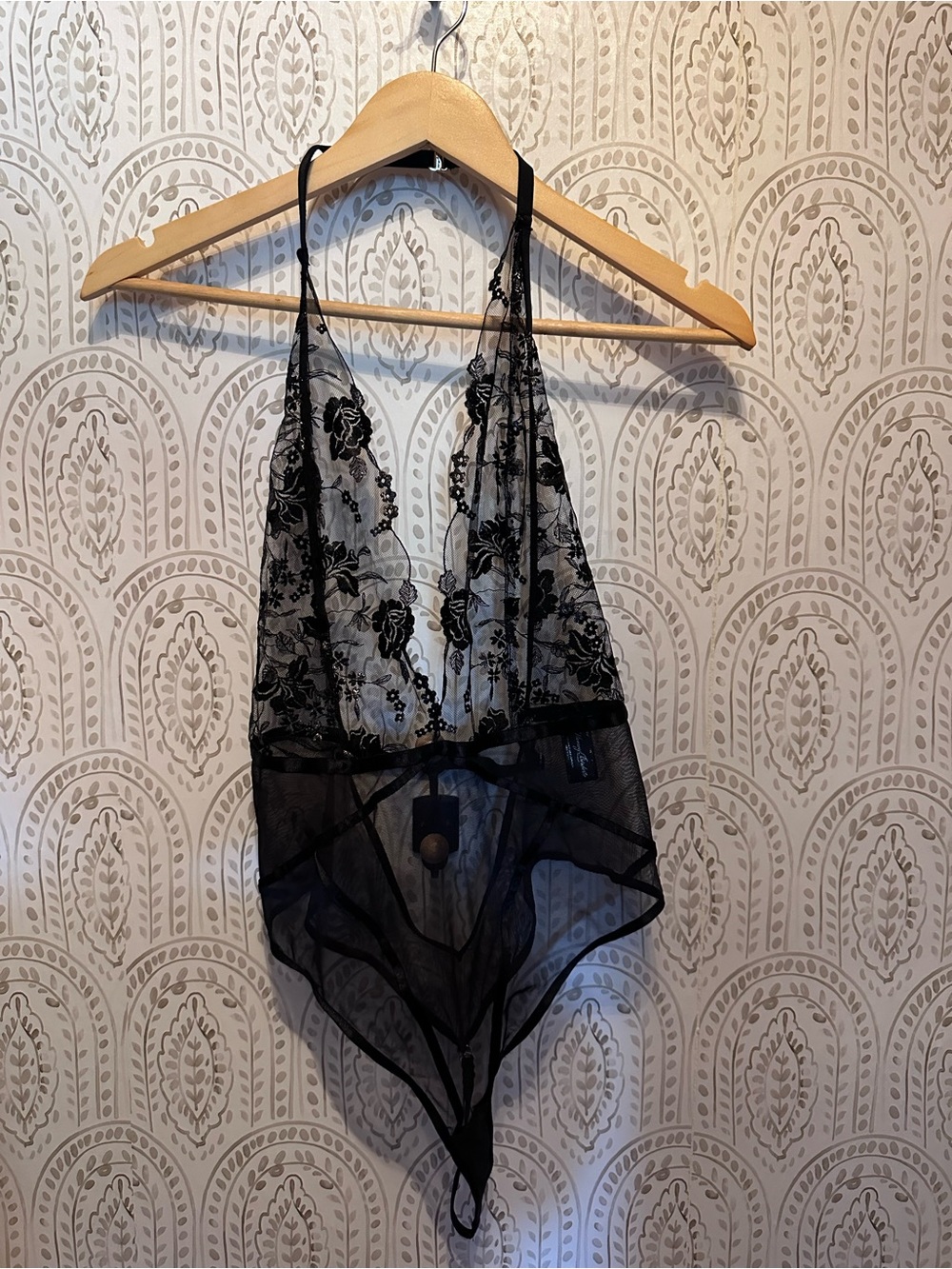 Honey Birdette Sheer Lace Floral Halter Teddy Bodysuit - Black M
